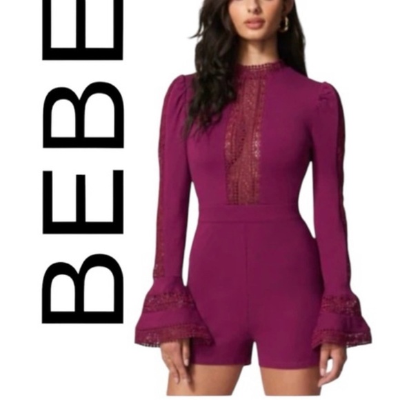 bebe Pants - bebe Plum Lace-Inset Long Sleeve Romper